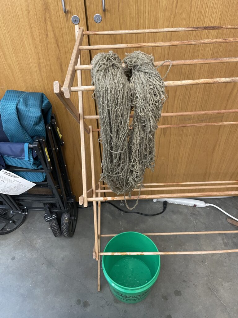 Wet yarn on drying rack